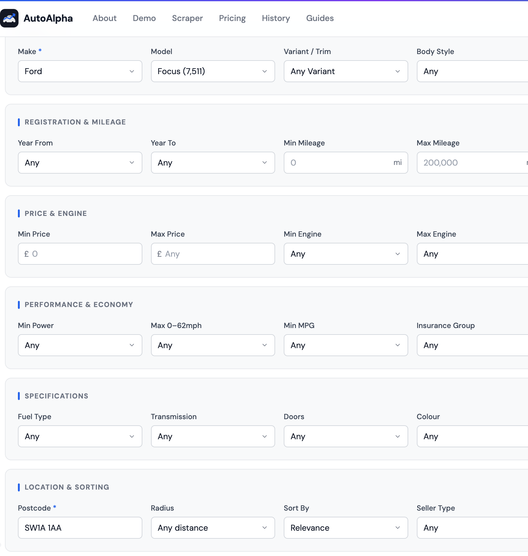 Ford Focus search form in AutoAlpha — Make: Ford, Model: Focus, Postcode: SW1A 1AA
